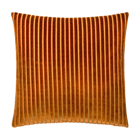 Savoy Stripe Polyester Velvet Cushion in brick orange, a square cushion with ridged, cut-velvet vertical stripes, shown on a plain white background.