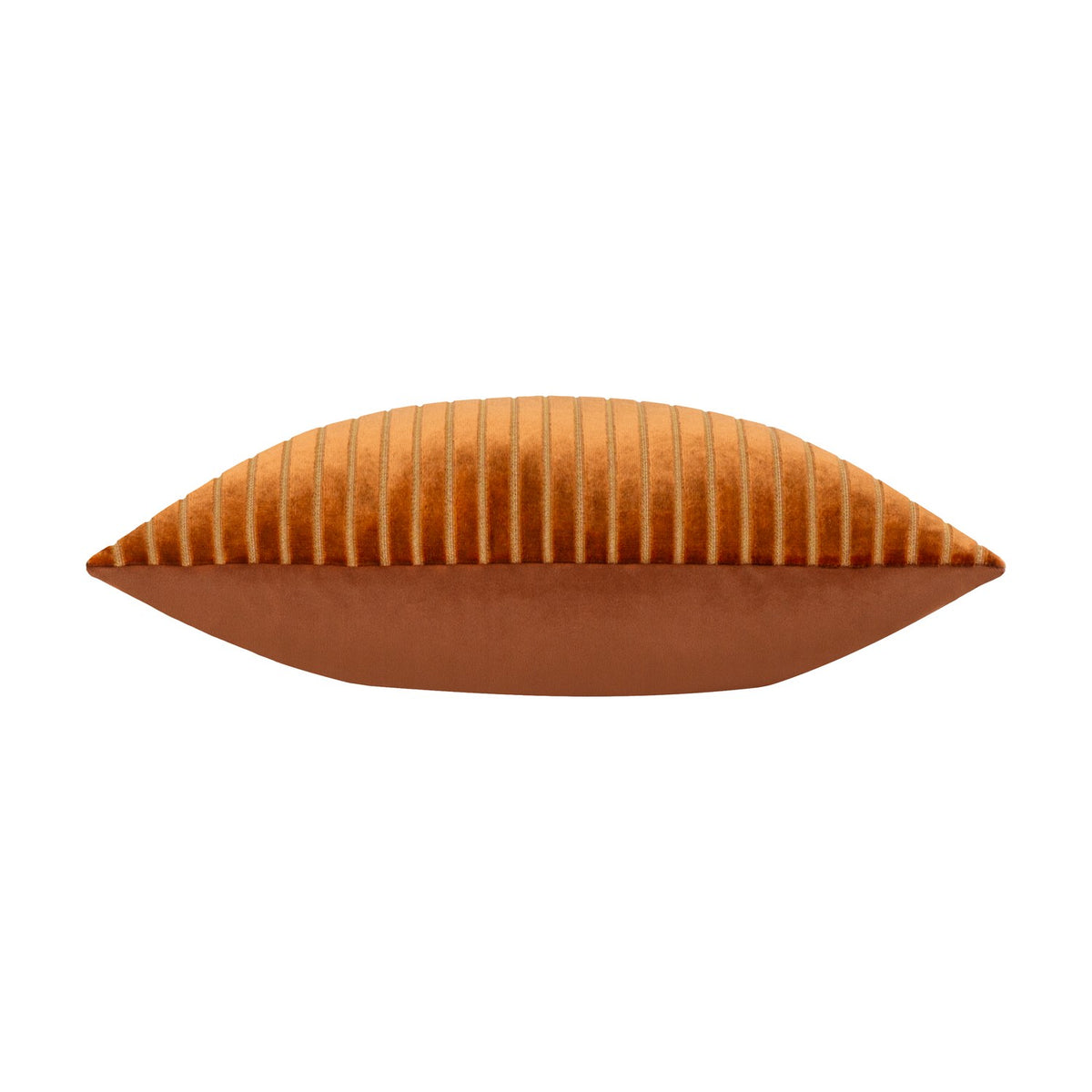 Savoy Stripe Polyester Velvet Cushion in Brick, shown edge-on to reveal its ridged, striped velvet front and plain smooth velvet reverse, against a white background.