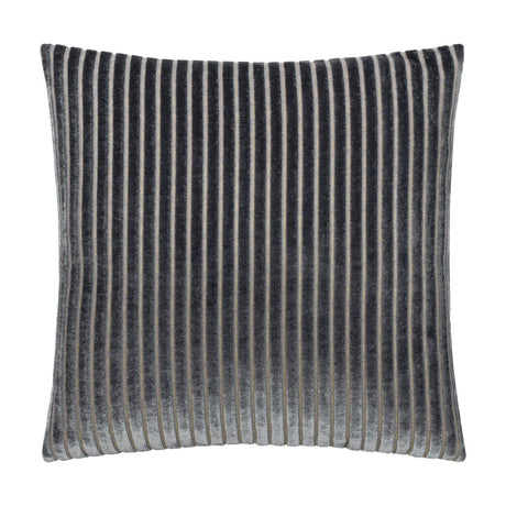 Savoy Stripe square cushion in charcoal grey velvet with cut-pile stripes and fine metallic thread channels, shown on a white background.
