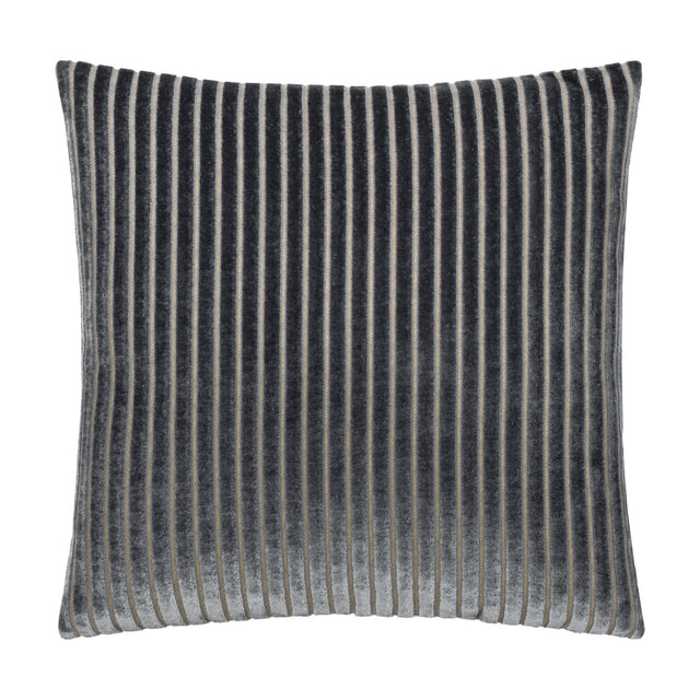 Savoy Stripe square cushion in charcoal grey velvet with cut-pile stripes and fine metallic thread channels, shown on a white background.