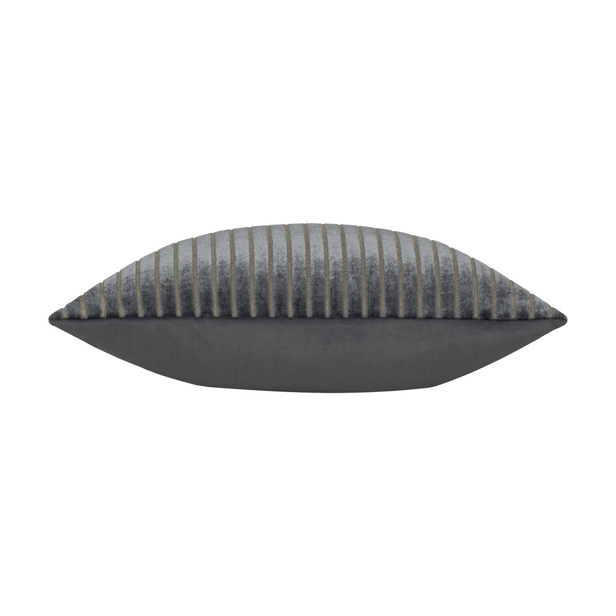 Savoy Stripe Polyester Velvet Cushion in charcoal, shown edge-on to reveal its plump square shape with ribbed velvet pile and fine metallic thread stripes, plain solid back, on a white background.