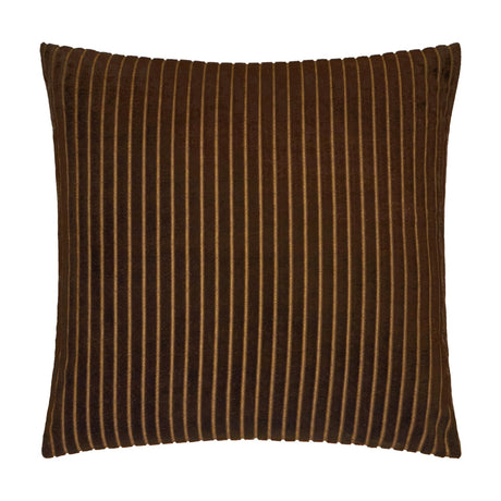Savoy Stripe Polyester Velvet Cushion in chocolate brown, a square cut-velvet cushion with fine raised amber-toned vertical stripes, shown on a plain white background.