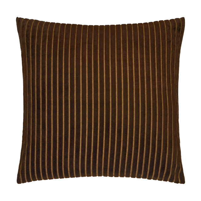 Savoy Stripe Polyester Velvet Cushion in chocolate brown, a square cut-velvet cushion with fine raised amber-toned vertical stripes, shown on a plain white background.