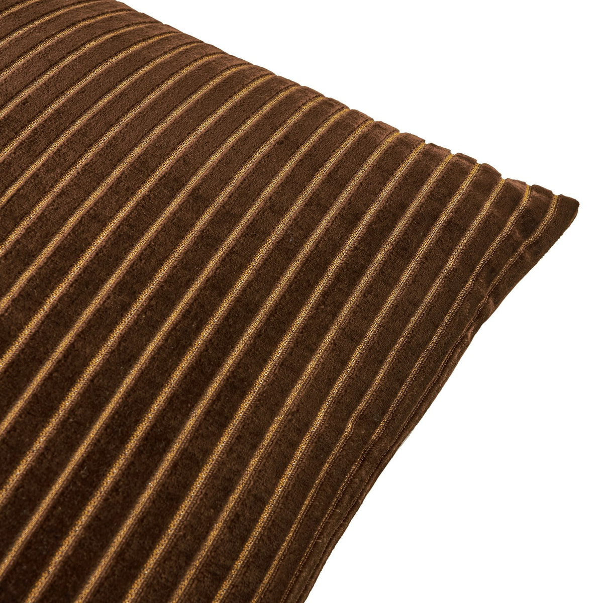 Close-up of the Savoy Stripe velvet cushion in chocolate brown, showing fine raised vertical stripes with amber highlights on a plain white background.