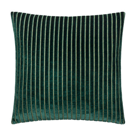 Square Savoy Stripe cushion in emerald green cut velvet with vertical raised stripes creating a subtle gold-green shimmer, shown on a plain white background.