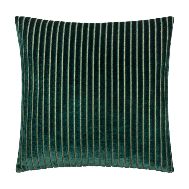 Square Savoy Stripe cushion in emerald green cut velvet with vertical raised stripes creating a subtle gold-green shimmer, shown on a plain white background.