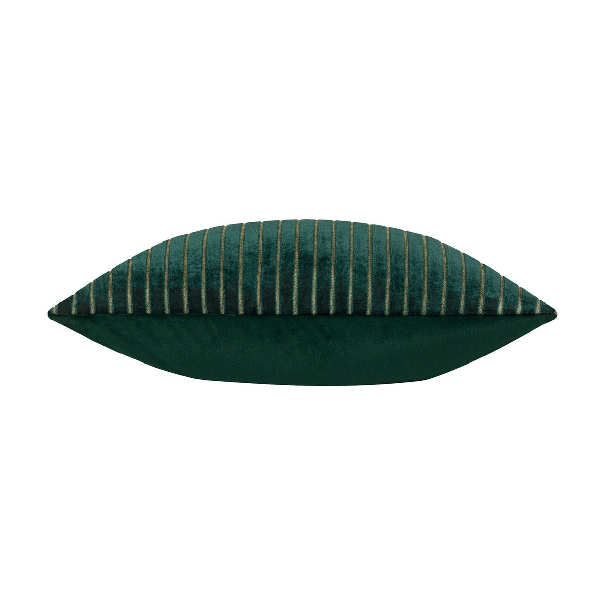 Savoy Stripe Polyester Velvet Cushion in emerald green, shown edge-on to reveal its plump square shape, ribbed striped velvet front and plain velvet back, on a white background.