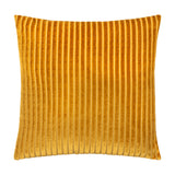Savoy Stripe square cushion in deep gold polyester velvet, featuring raised ribbed stripes running top to bottom, shown on a plain white background.