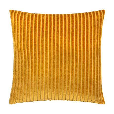 Savoy Stripe square cushion in deep gold polyester velvet, featuring raised ribbed stripes running top to bottom, shown on a plain white background.