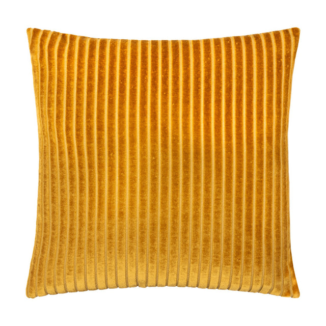 Savoy Stripe square cushion in deep gold polyester velvet, featuring raised ribbed stripes running top to bottom, shown on a plain white background.