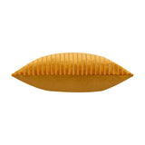Savoy Stripe polyester velvet cushion in gold, shown side-on with a ribbed cut-velvet stripe pattern on one face and a plain velvet reverse, on a white background.
