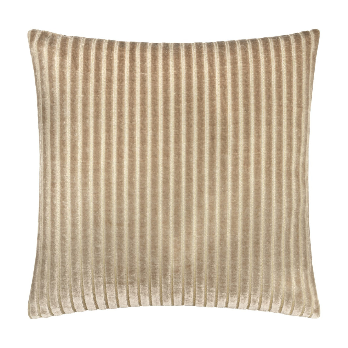Savoy Stripe polyester velvet cushion in mink, square shape with vertical cut-pile stripes creating a ridged texture, shown on a plain white background.