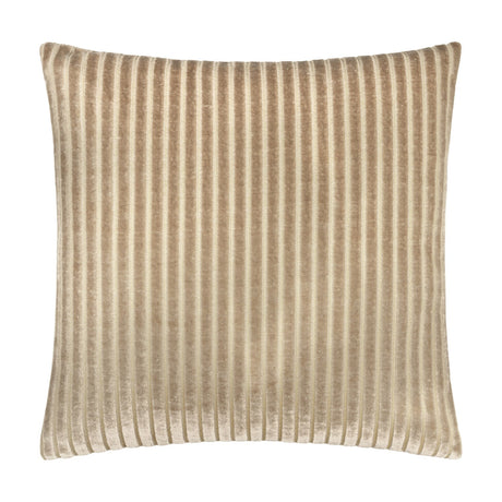 Savoy Stripe polyester velvet cushion in mink, square shape with vertical cut-pile stripes creating a ridged texture, shown on a plain white background.