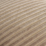 Close-up of the Savoy Stripe cushion in mink, showing diagonal cut-pile velvet ridges in beige with a subtle sheen against recessed woven channels.