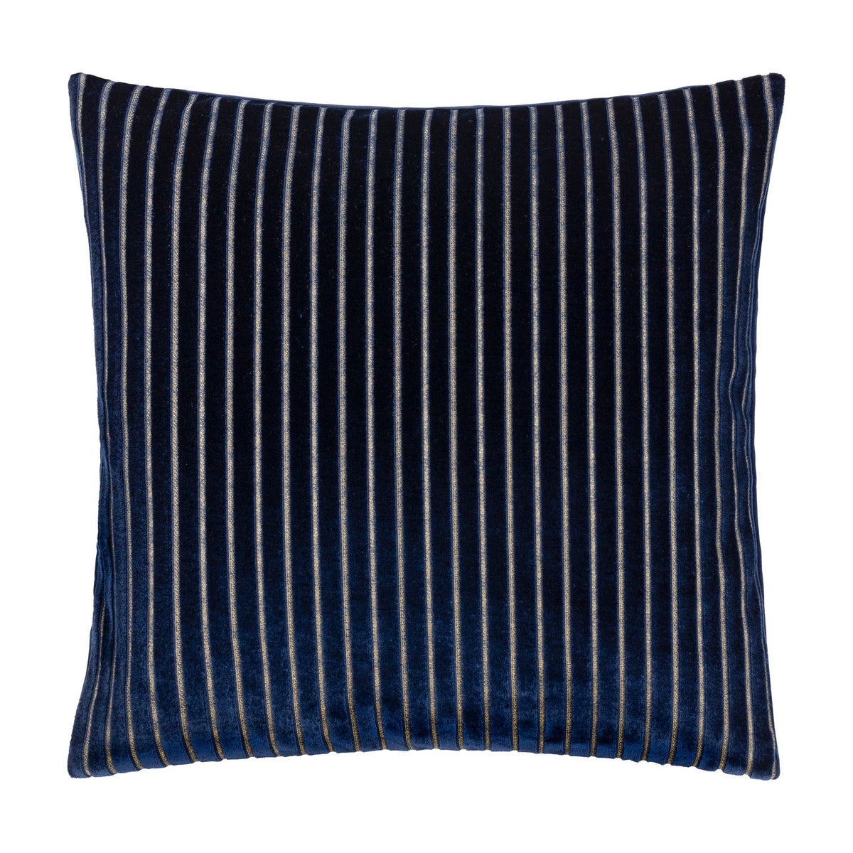 Savoy Stripe polyester velvet cushion in navy, square 50x50cm, showing a cut-velvet front with fine vertical stripes in contrasting yarn, on a plain white background.
