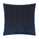 Savoy Stripe polyester velvet cushion in navy, square 50x50cm, showing a cut-velvet front with fine vertical stripes in contrasting yarn, on a plain white background.