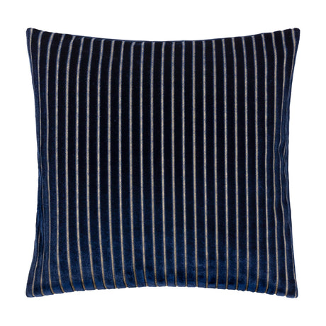 Savoy Stripe polyester velvet cushion in navy, square 50x50cm, showing a cut-velvet front with fine vertical stripes in contrasting yarn, on a plain white background.