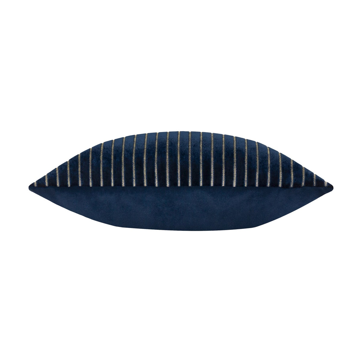 Savoy Stripe navy velvet cushion shown edge-on, revealing fine vertical stripes on one side and plain velvet on the reverse, set against a white background.
