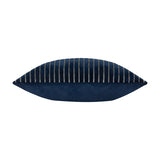 Savoy Stripe navy velvet cushion shown edge-on, revealing fine vertical stripes on one side and plain velvet on the reverse, set against a white background.