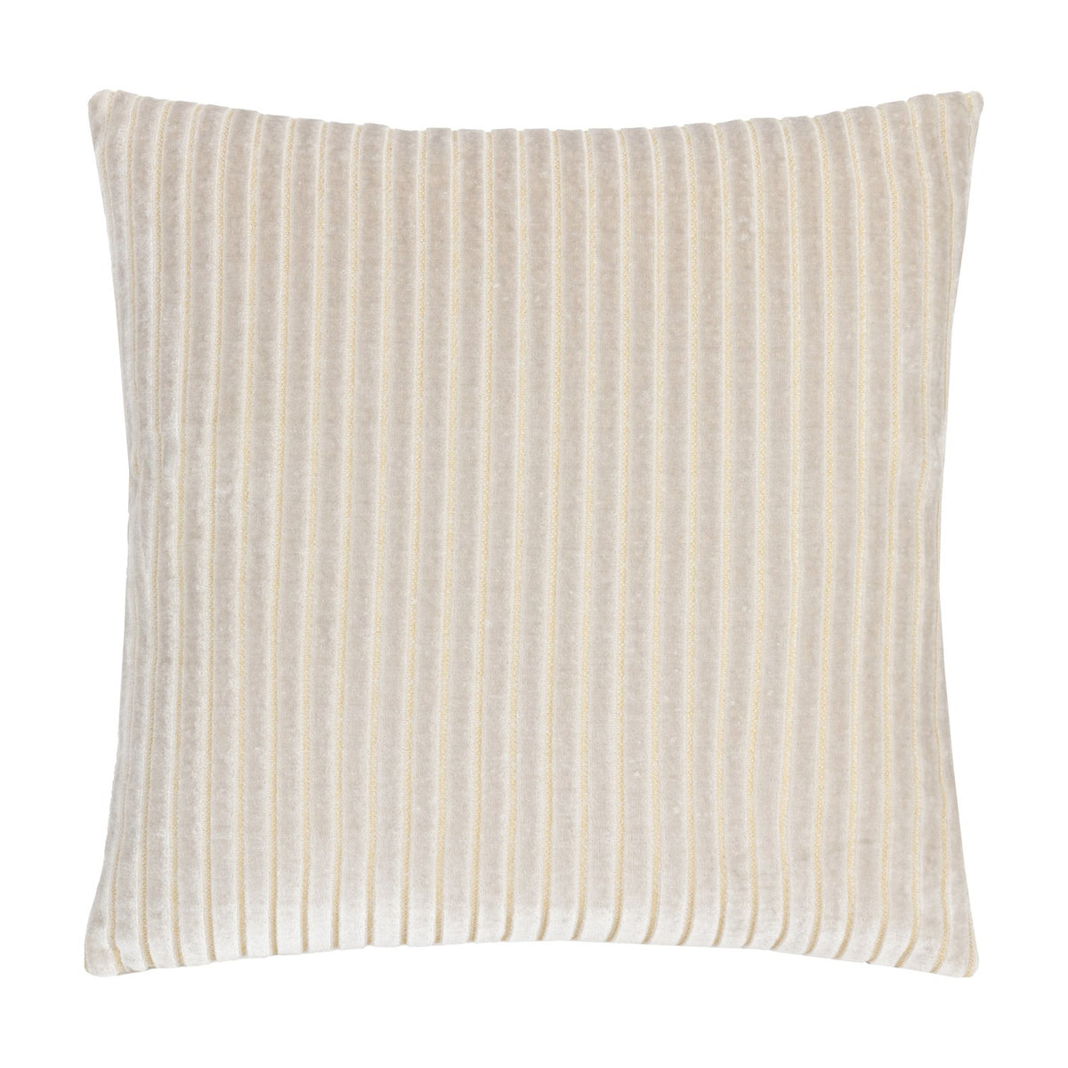 Savoy Stripe Polyester Velvet Cushion in oyster cream, 50 x 50cm square with raised vertical rib texture and subtle gold shimmer, shown on a plain white background.