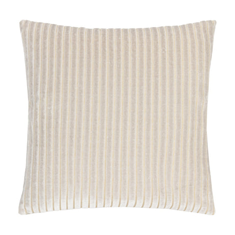 Savoy Stripe Polyester Velvet Cushion in oyster cream, 50 x 50cm square with raised vertical rib texture and subtle gold shimmer, shown on a plain white background.