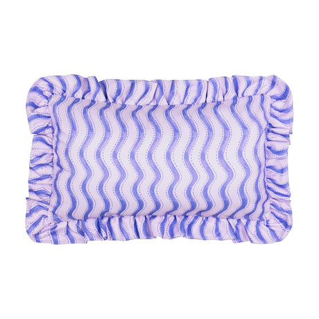 Rectangular lumbar cushion with a ruffled edge, featuring cobalt blue wiggly stripes and fine dotted lines on a pale lilac-white polyester ground, shown on a plain white background.