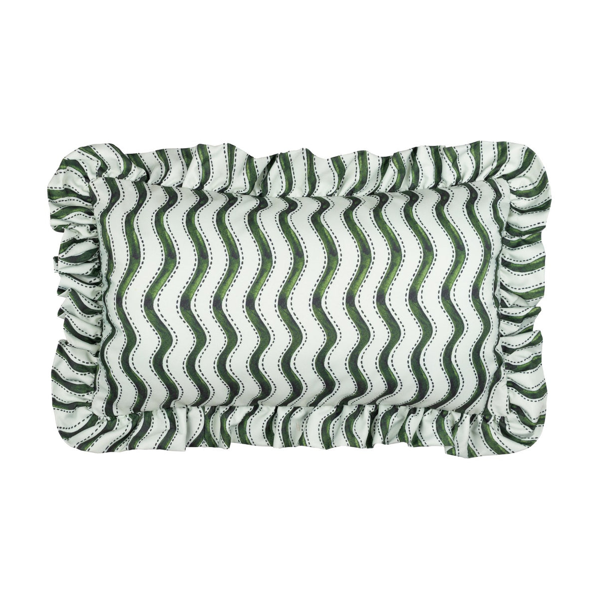 Rectangular polyester cushion with a green wiggly stripe pattern on an off-white ground, framed by a gathered ruffle edge, shown on a plain white background.