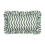 Rectangular polyester cushion with a green wiggly stripe pattern on an off-white ground, framed by a gathered ruffle edge, shown on a plain white background.