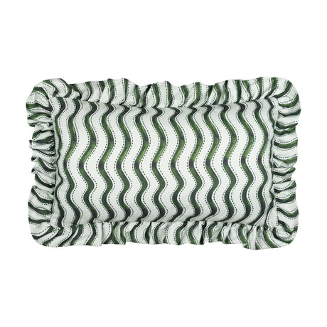 Rectangular polyester cushion with a green wiggly stripe pattern on an off-white ground, framed by a gathered ruffle edge, shown on a plain white background.