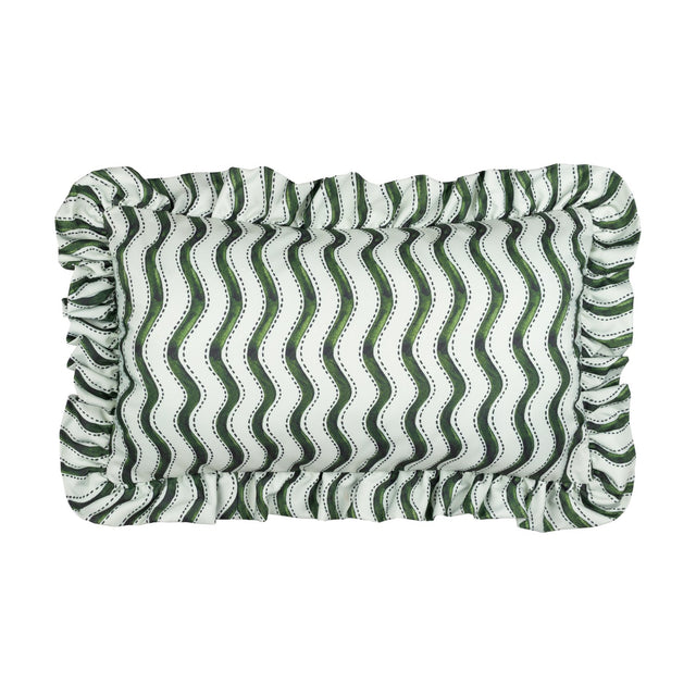Rectangular polyester cushion with a green wiggly stripe pattern on an off-white ground, framed by a gathered ruffle edge, shown on a plain white background.