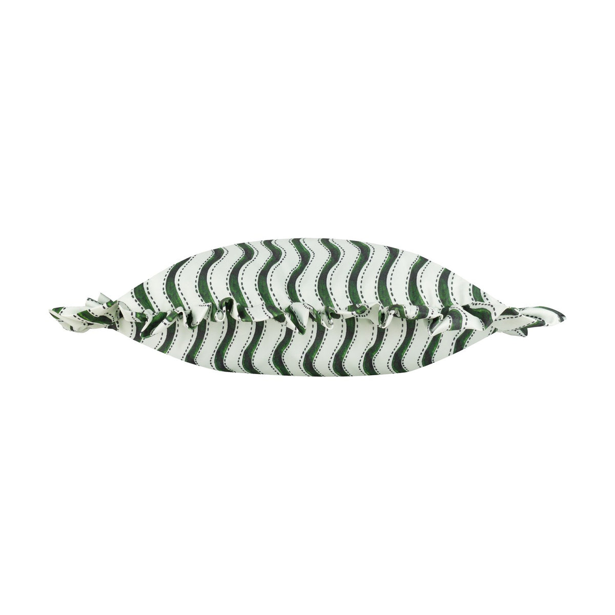 Summer Solstice Wiggly Stripe Polyester Cushion in green, rectangular with a gathered ruffle edge and knotted corners, wavy pine and grass green stripes on off-white fabric, plain white background.