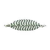 Summer Solstice Wiggly Stripe Polyester Cushion in green, rectangular with a gathered ruffle edge and knotted corners, wavy pine and grass green stripes on off-white fabric, plain white background.