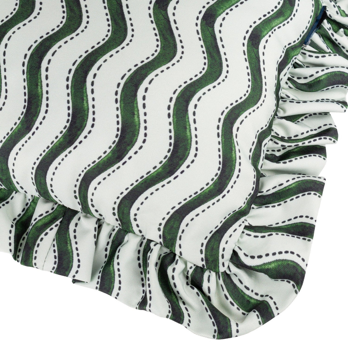 Close-up of the Summer Solstice Wiggly Stripe polyester cushion in green, showing wavy pine and grass stripes on off-white fabric with a gathered ruffle edge.