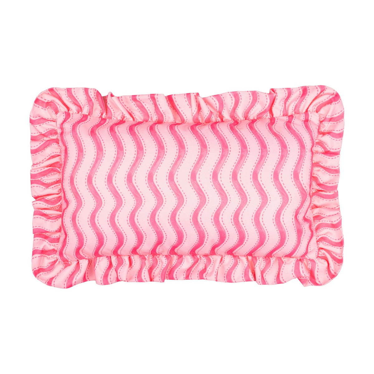 Rectangular outdoor cushion in hot pink with a wavy vertical stripe print and a gathered ruffle trim on all four sides, shown on a plain white background.