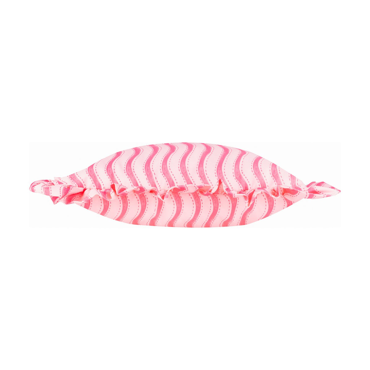 Rectangular outdoor cushion in hot pink with a wavy vertical stripe print, gathered ruffle trim on all sides, shown end-on against a plain white background.