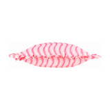 Rectangular outdoor cushion in hot pink with a wavy vertical stripe print, gathered ruffle trim on all sides, shown end-on against a plain white background.