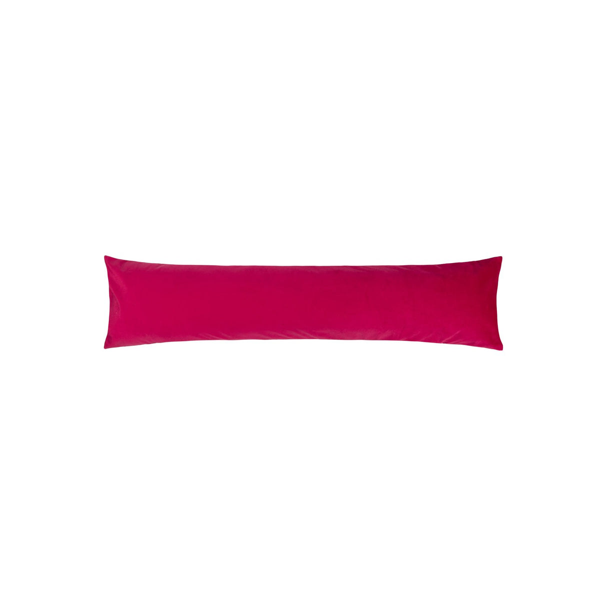 Shut The Front Door Jungle Velvet Draught Excluder in fuchsia, a long bolster-shaped cushion in plain pink velvet fabric, shown on a white background.