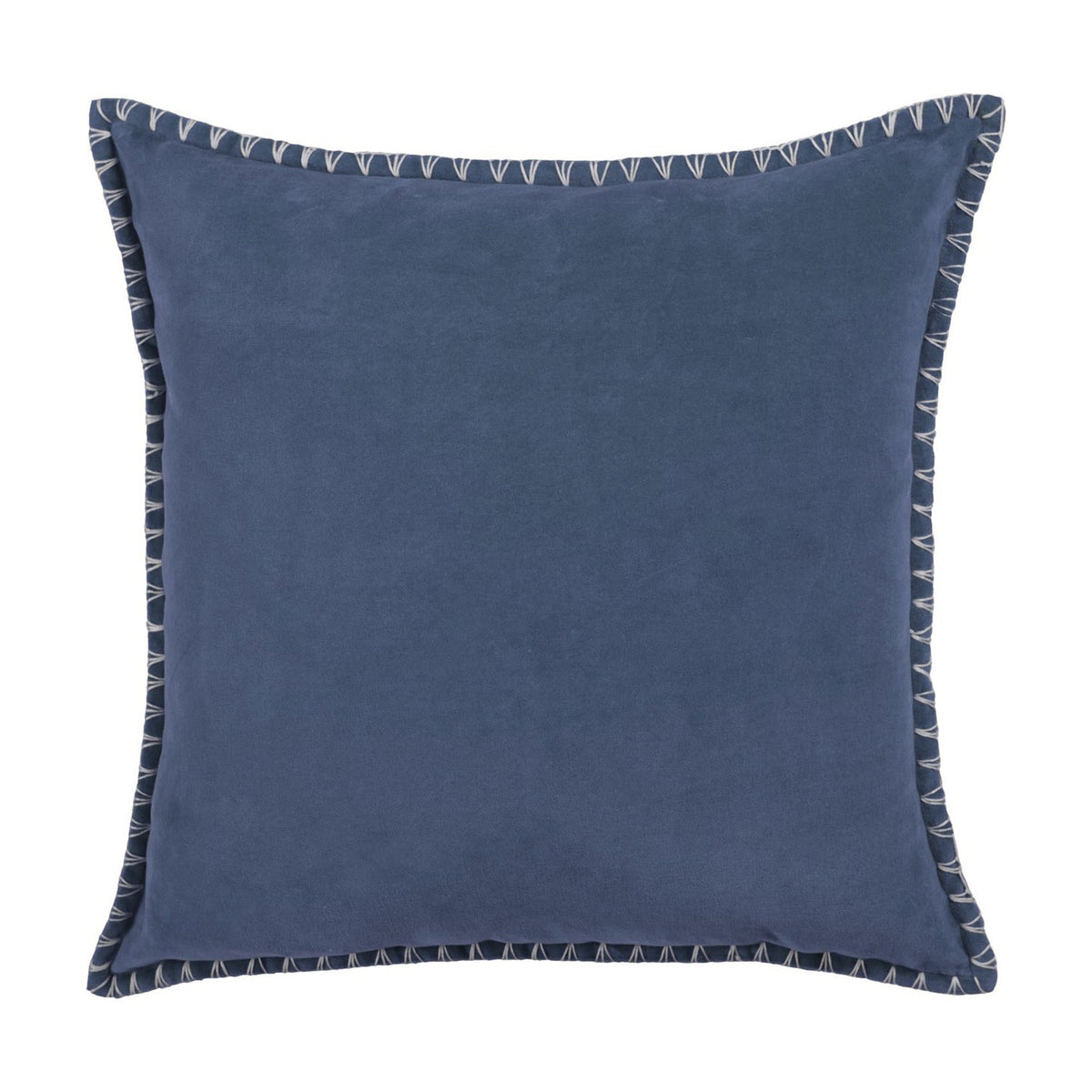 Stitch Plain Velvet Cushion in Bluebell blue, square with hand-worked ecru blanket stitch edging, shown on a plain white background.