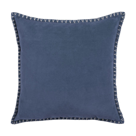 Stitch Plain Velvet Cushion in Bluebell blue, square with hand-worked ecru blanket stitch edging, shown on a plain white background.