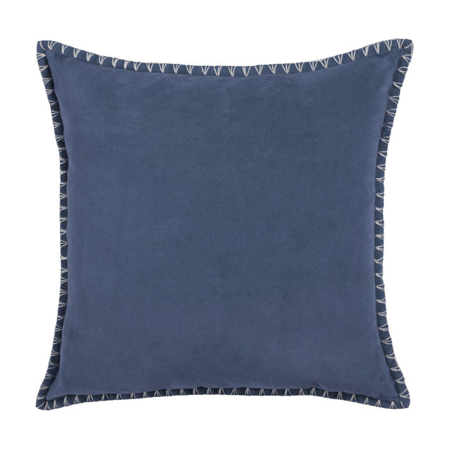 Stitch Plain Velvet Cushion in Bluebell blue, square with hand-worked ecru blanket stitch edging, shown on a plain white background.