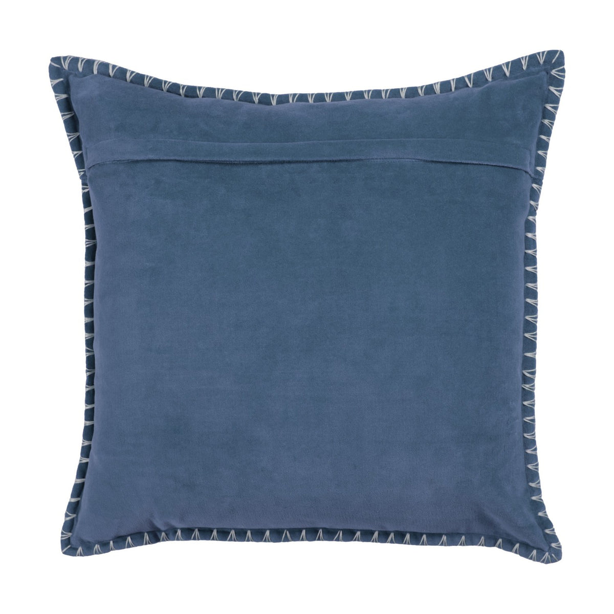 Stitch Plain Velvet Cushion in Bluebell blue, 50 x 50cm, showing the reverse with concealed opening and pale ecru blanket stitch edging on plain background.