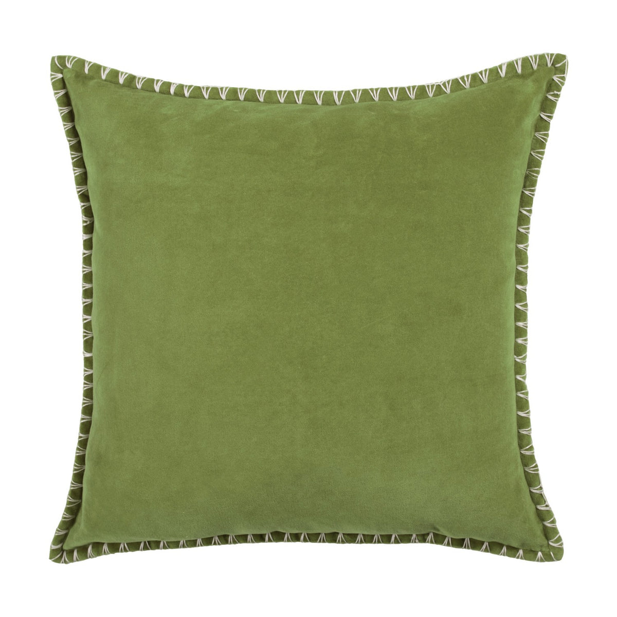 Stitch Plain Velvet Cushion in grass green, square 50 x 50cm scatter cushion with dense velvet pile and blanket stitch edging in pale contrast thread, shown on a plain white background.