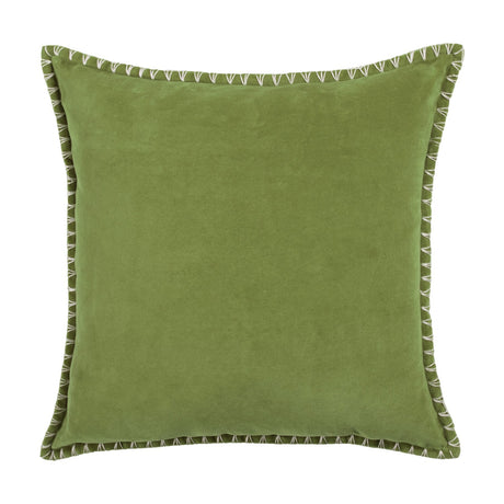 Stitch Plain Velvet Cushion in grass green, square 50 x 50cm scatter cushion with dense velvet pile and blanket stitch edging in pale contrast thread, shown on a plain white background.