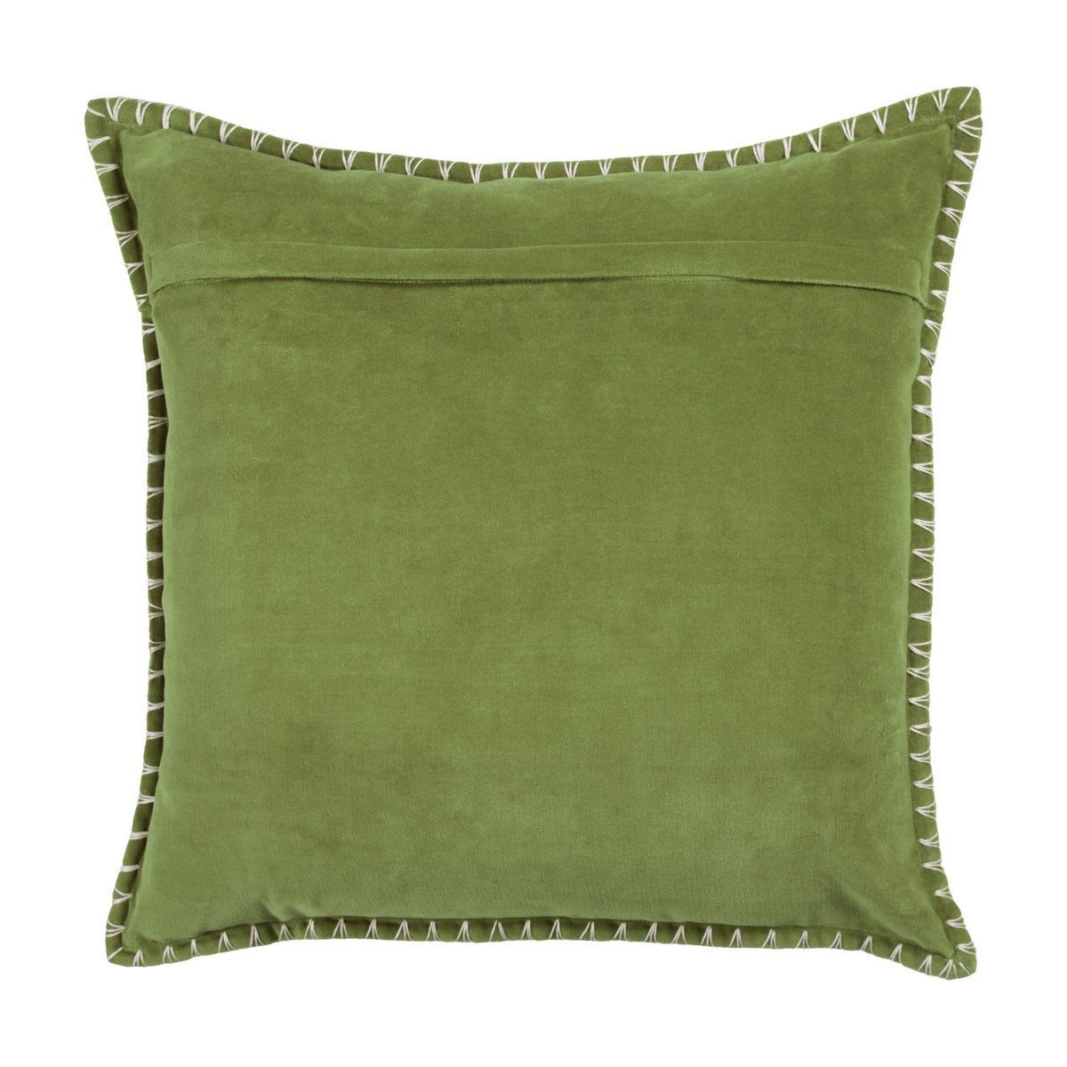Square grass green velvet cushion, back view, showing plain fabric with concealed zip opening and edges finished in a pale contrast blanket stitch, on a white background.