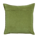 Square grass green velvet cushion, back view, showing plain fabric with concealed zip opening and edges finished in a pale contrast blanket stitch, on a white background.