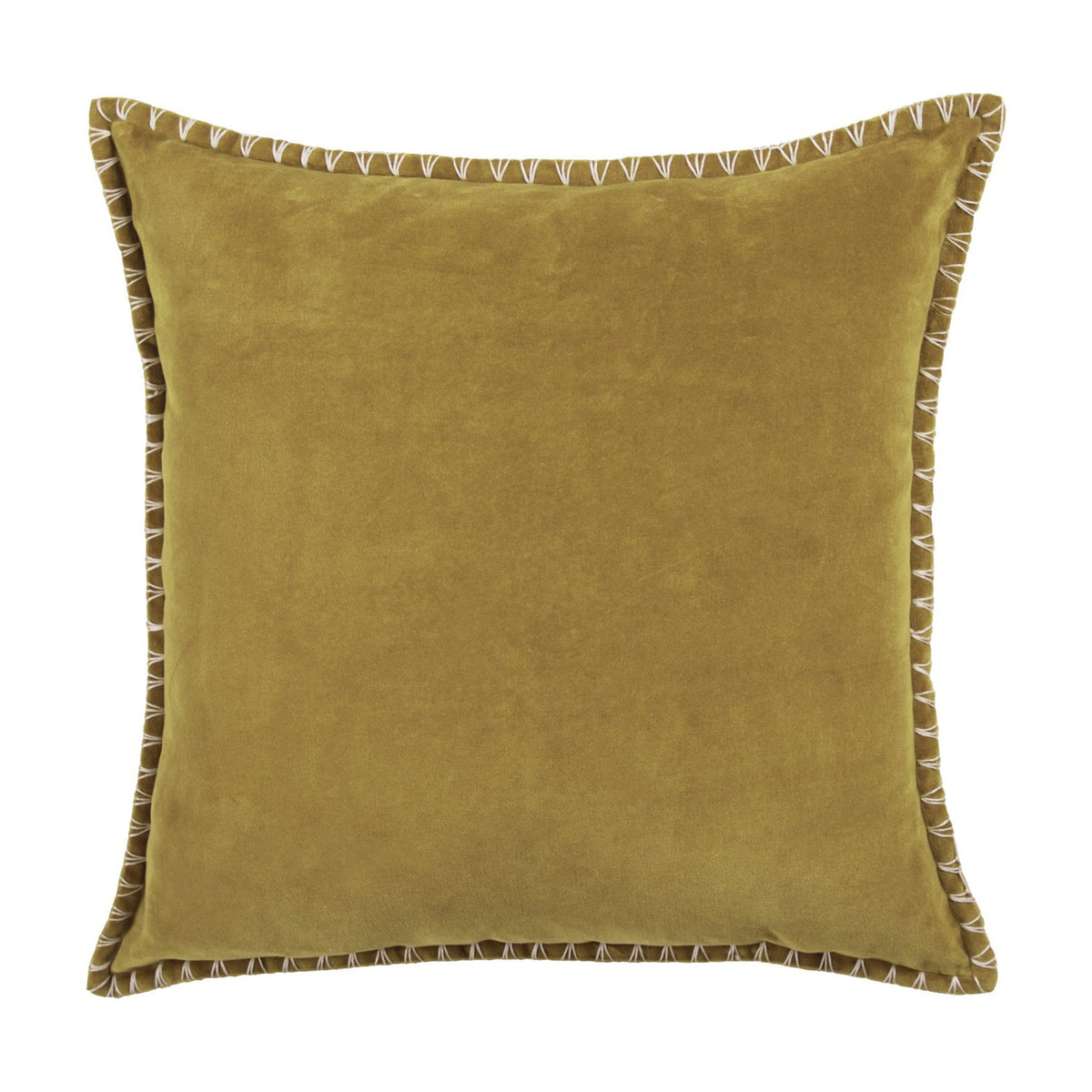 Stitch Plain Velvet Cushion in mustard yellow, square with smooth velvet face and contrast blanket stitch edging in pale thread, shown on a plain white background.