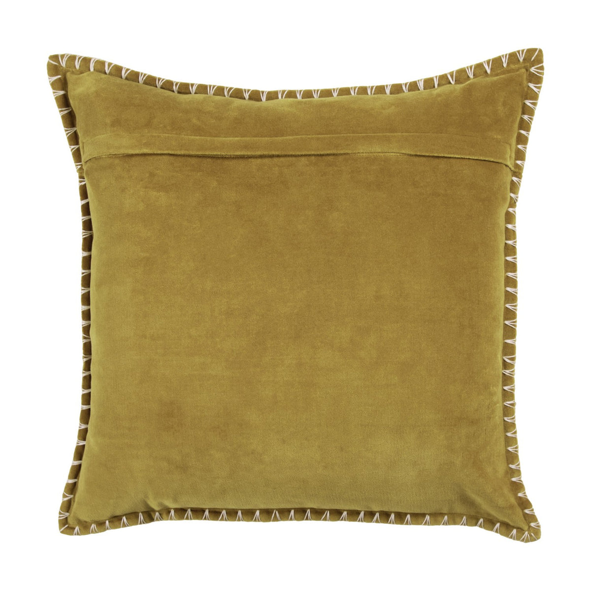 Stitch Plain Velvet Cushion in mustard yellow, square 50x50cm velvet cushion with contrast whipstitch edging, shown on a plain white background.