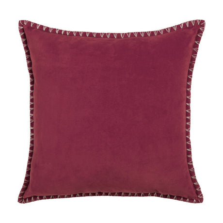 Stitch Plain Velvet Cushion in pomegranate red, square 50x50cm velvet with a pale contrasting blanket-stitch edge trim, shown on a plain white background.