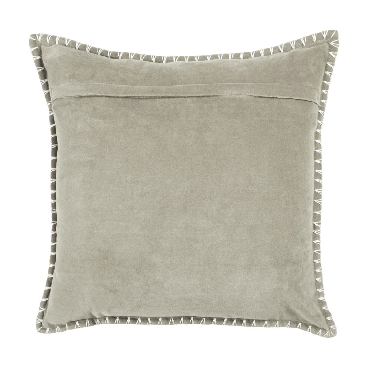 Stitch Plain Velvet Cushion in Quartz, a 50 x 50cm square cushion in grey-beige velvet with a plain face and pale cream blanket stitch edging, shown on a white background.