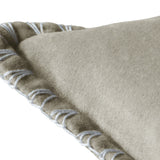 Close-up of the Stitch Plain Velvet Cushion in Quartz, showing grey-beige velvet fabric with a pale cream blanket stitch trim along the folded edge.